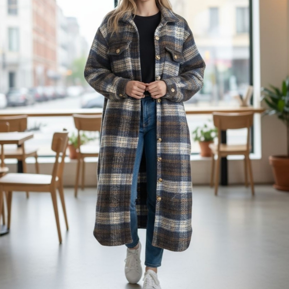 Fashion Nova Plaid Long Coat - Blue and Brown